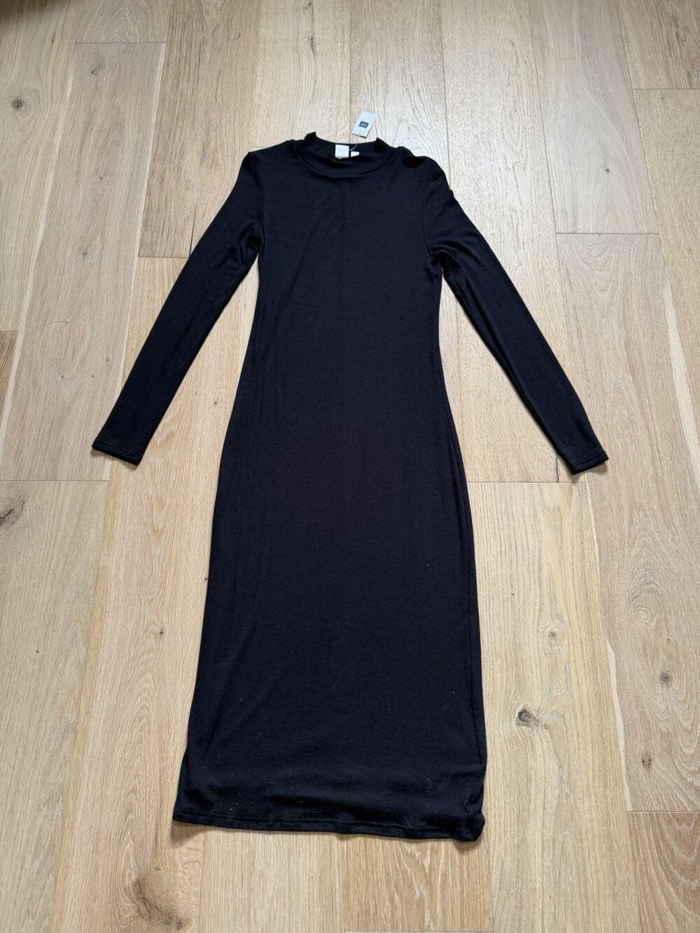 NWT GAP Small S Black Mock Neck Dress Long Sleeve Midi Minimalist Classic